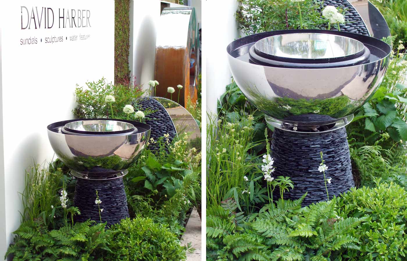 Chalice water feature rising from green and white planting