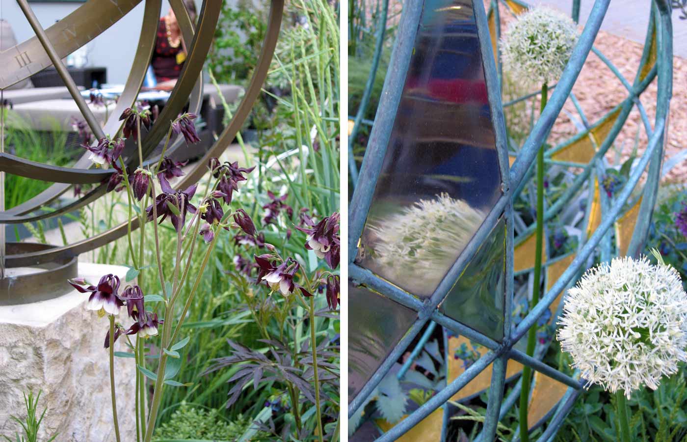 Armillary sphere with Aquilegia William Guiness and grasses